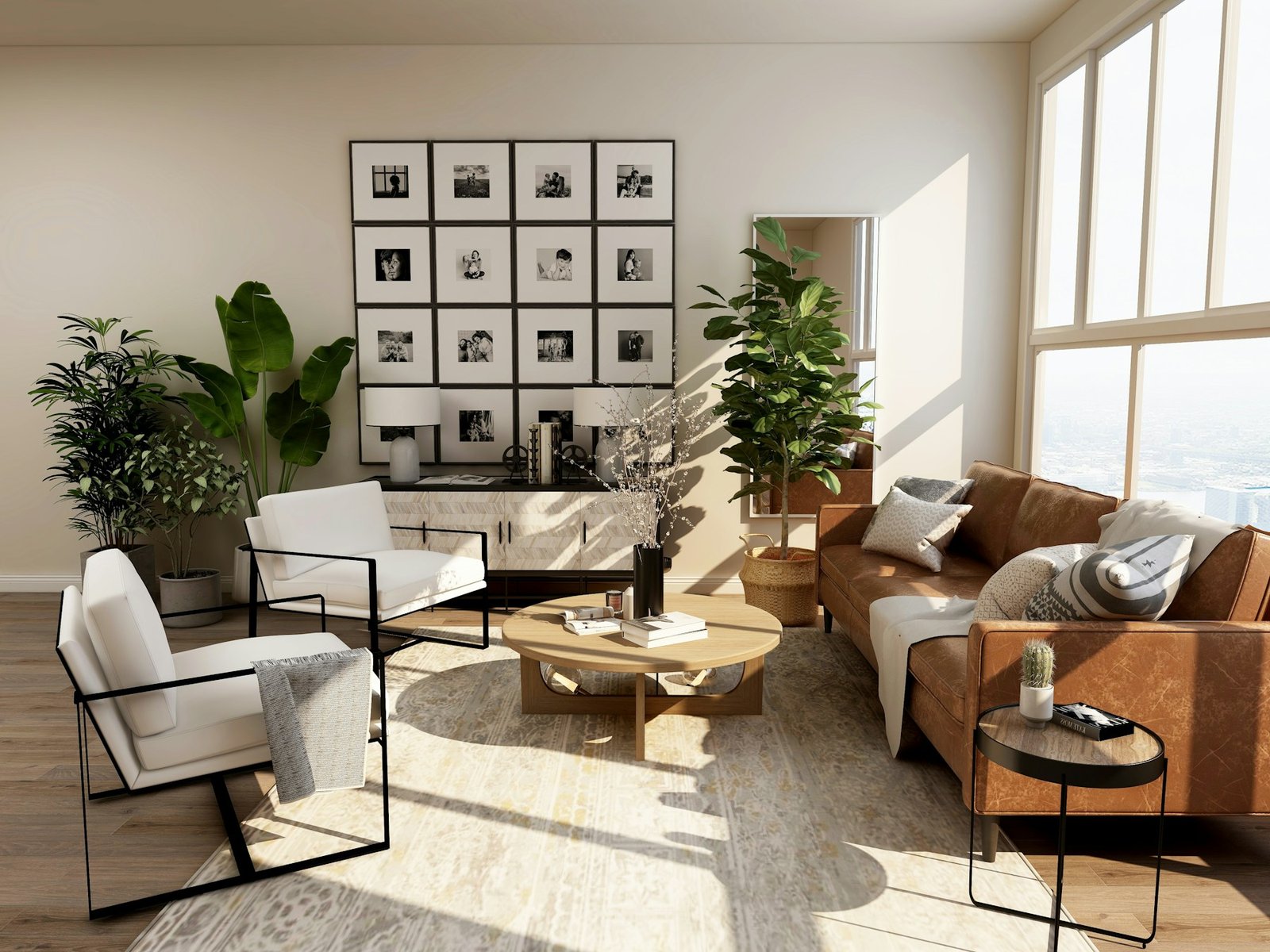 Bright contemporary living room with warm wood details and a comfortable neutral sofa